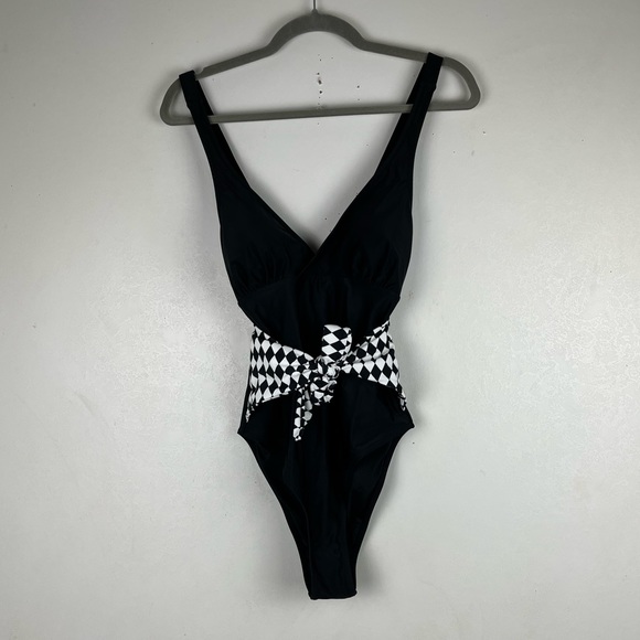Cupshe Black One Piece Swimsuit Cheeky Swimwear Womens Medium NWT Argyle Tie - Picture 3 of 12